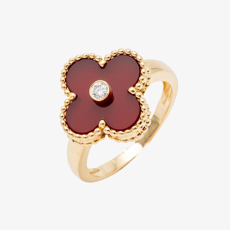 Van Cleef & Arpels Red Carnelian Vintage Alhambra Diamond Yellow Gold/White Gold