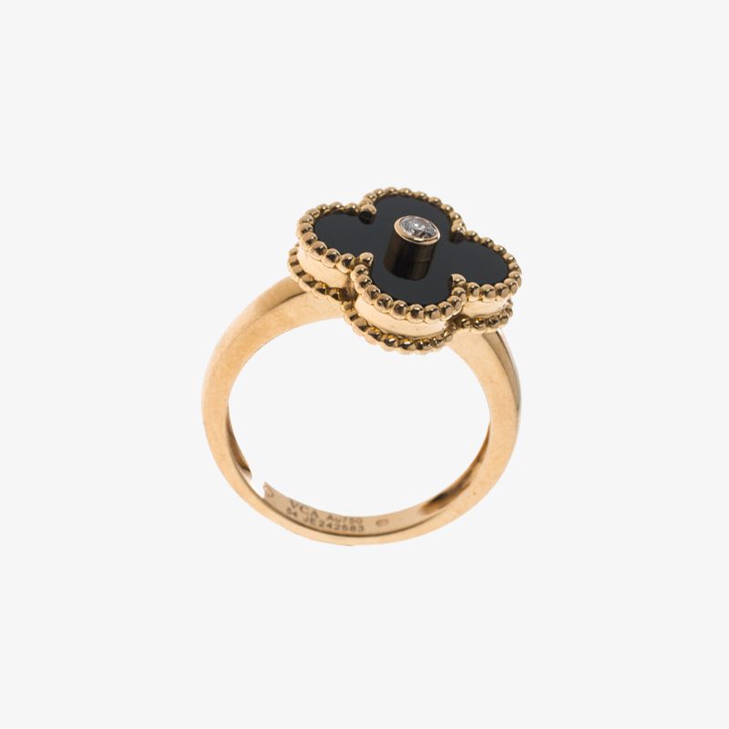 Van Cleef & Arpels Vintage Alhambra Diamond Onyx 18k Yellow Gold Ring