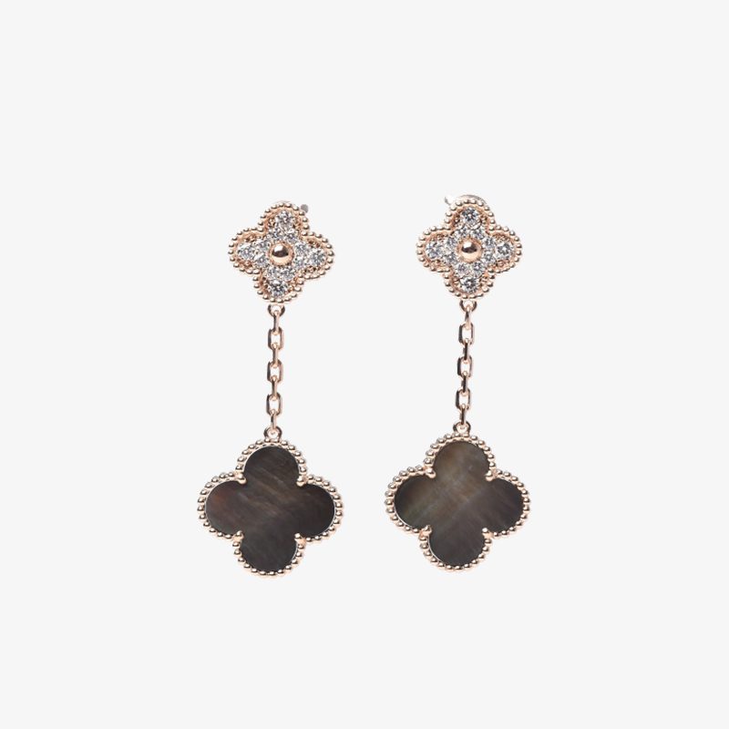Van Cleef & Arpels 18k Rose Gold Diamond Grey Mother Of Pearl Magic Alhambra 2 Motifs Earrings