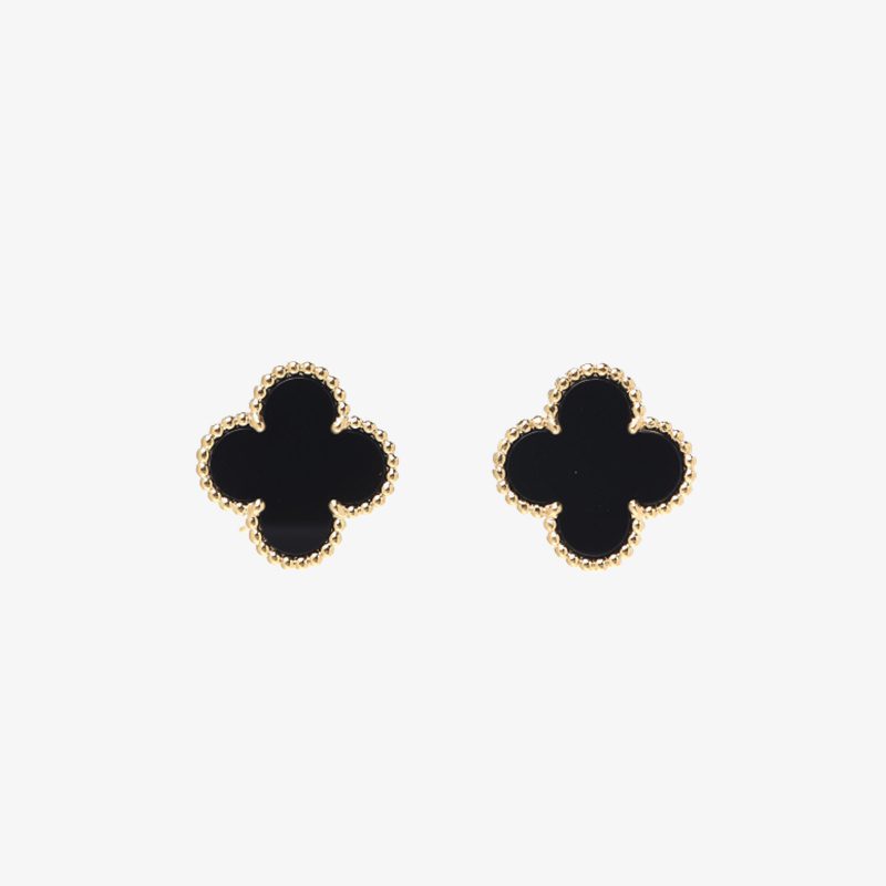 Van Cleef & Arpels 18k Yellow Gold/White Gold/Rose Gold Black Onyx Vintage Alhambra Earrings