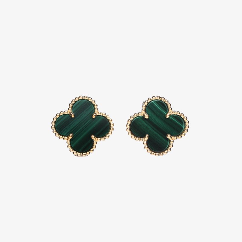 Van Cleef & Arpels 18k Yellow Gold/White Gold/Rose Gold Malachite Vintage Alhambra Earrings