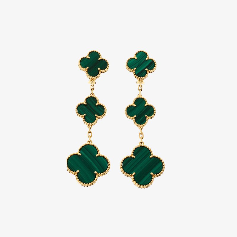 Van Cleef & Arpels Magic Alhambra 3 Motif Malachite 18K Yellow Gold/White Gold/Rose Gold Long Earrings