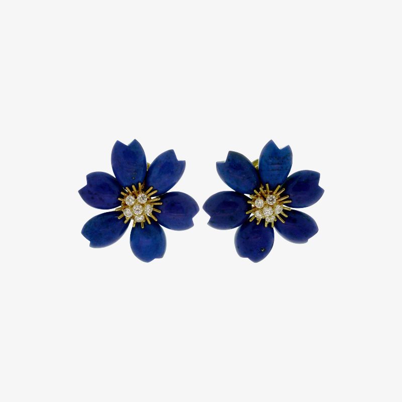 Van Cleef & Arpels Rose De Noel Lapis Lazuli Diamond 18k Yellow Gold Earrings