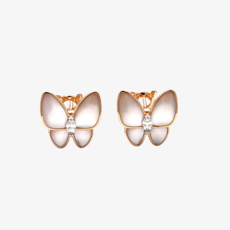 Van Cleef & Arpels Two Butterfly Earrings Rose Gold Diamond Mother-of-pearl
