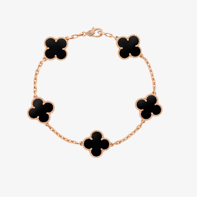 Van Cleef & Arpels Vintage Alhambra Bracelet 5 Motifs Onyx Rose Gold