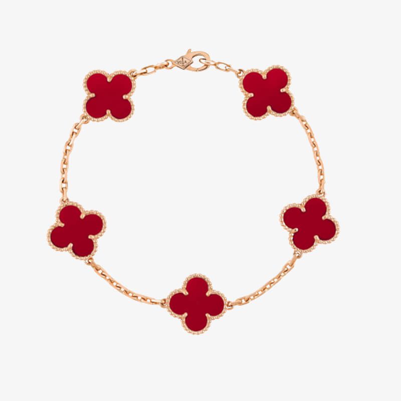 Van Cleef & Arpels Vintage Alhambra Bracelet 5 Motifs Rose Gold With Carnelian Mother Of Pearl
