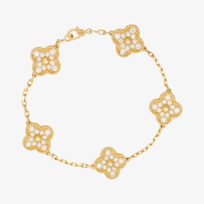 Van Cleef & Arpels Vintage Alhambra Bracelet 5 Motifs Yellow Gold With Round Diamonds