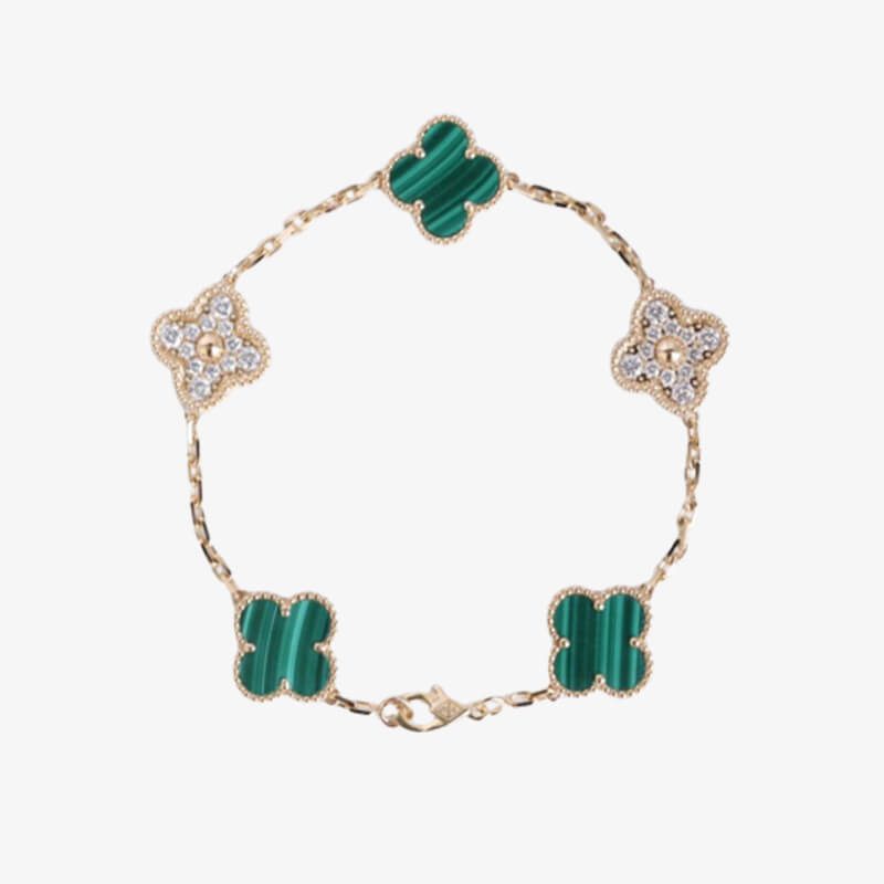 Van Cleef Arpels Vintage Alhambra Bracelet 5 motifs With Diamonds and Malachite