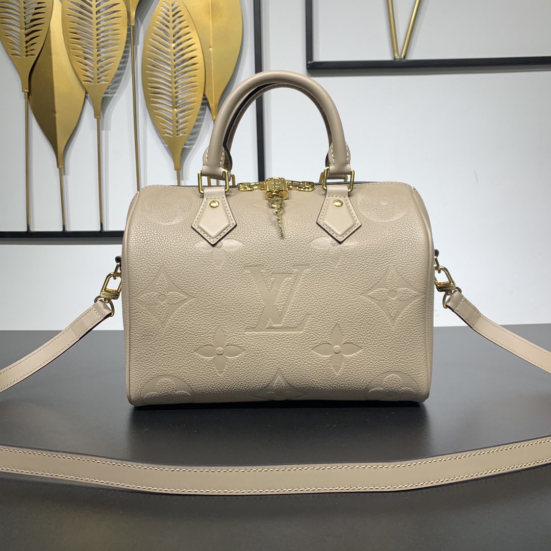 AAA Quality Louis Vuitton Speedy Bandouliere 25 Handbag Embossed Grained Cowhide Leather Tourterelle M58273 - image 1