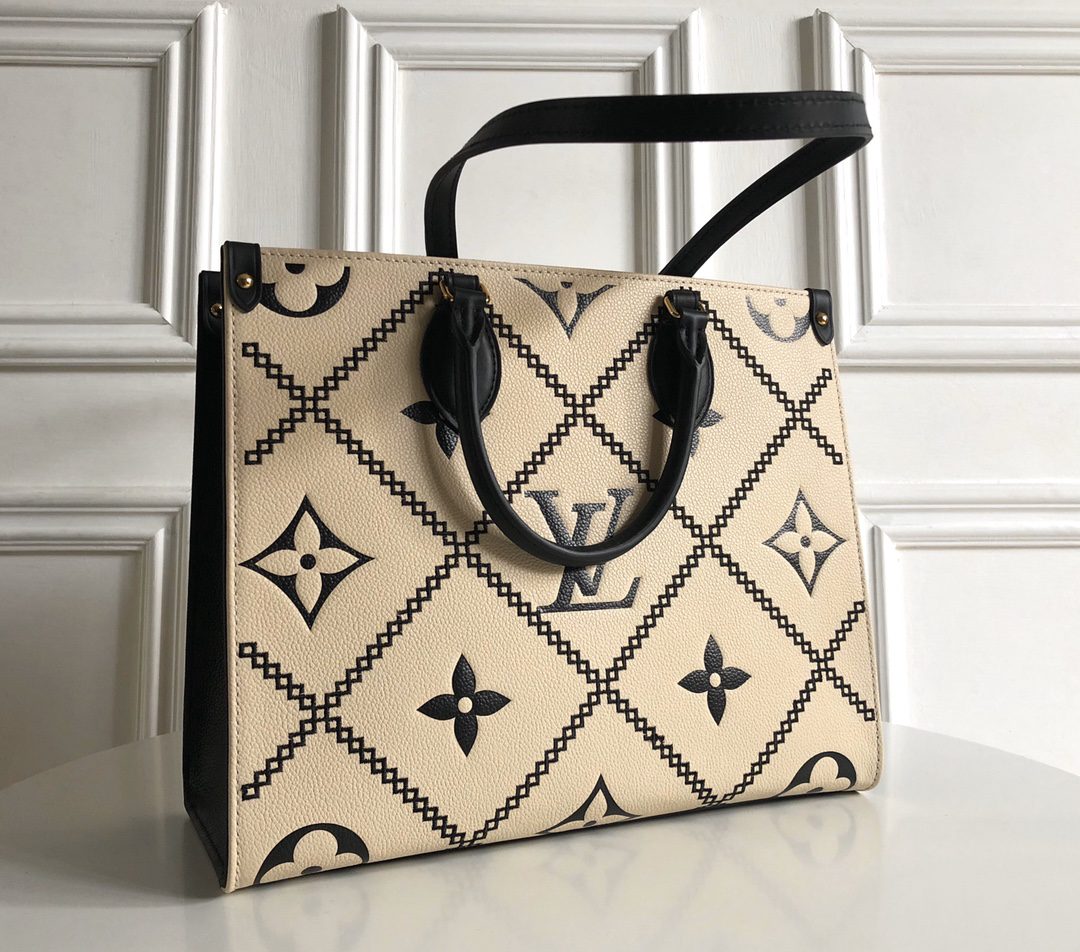 Best Copy Louis Vuitton ONTHEGO MM Embroidered Dmbossed Supple Grained Cowhide Leather M46016 Creme Beige And Black