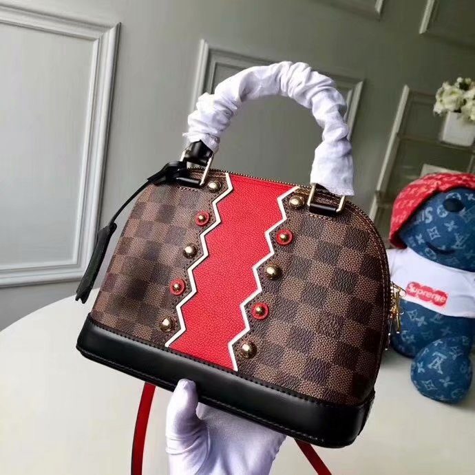Best Price Louis Vuitton N40046 Alma BB Damier Ebene Coated Canvas Studs and Small Grained Cowhide Leather