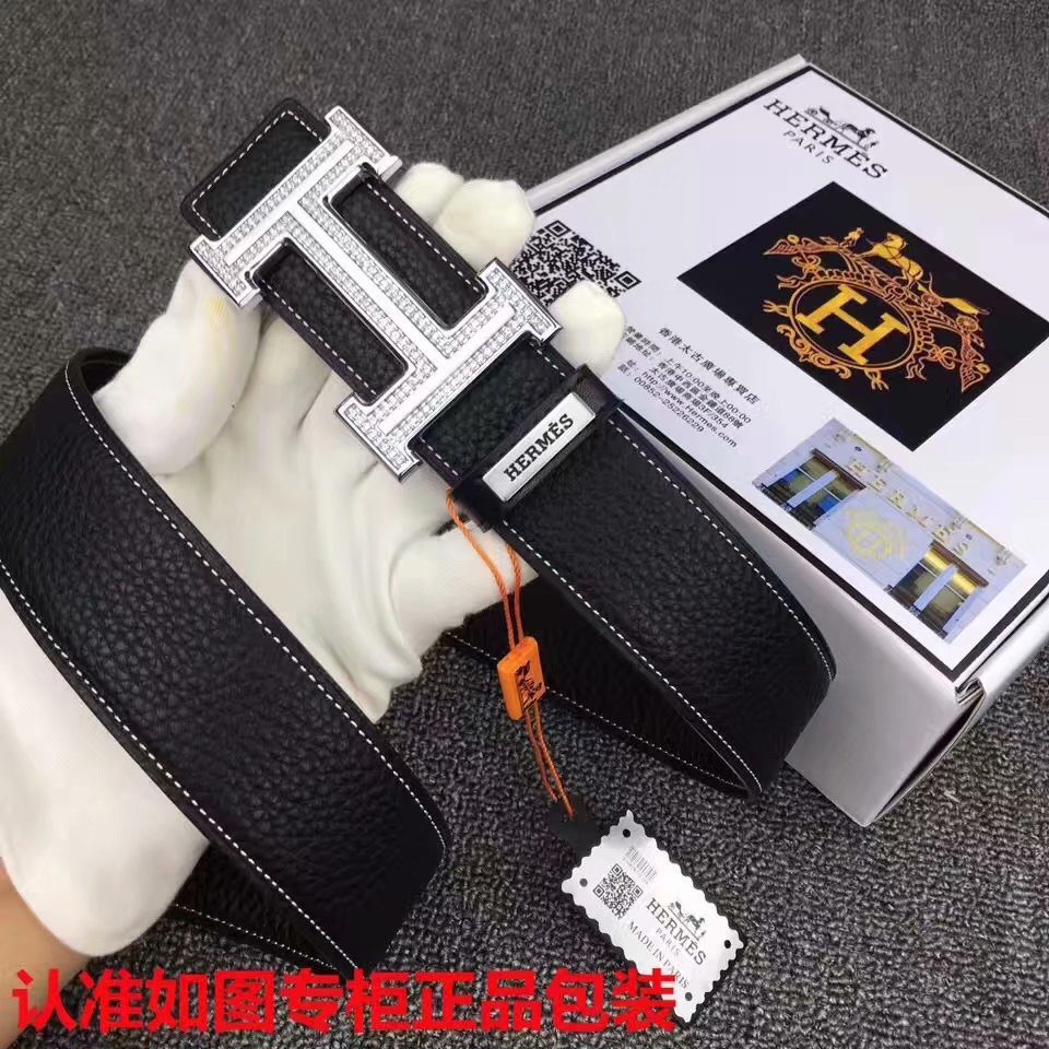 Cheap Replica Hermes Reversible Leather Men Belt Width 3.8cm With Diamond 18K Silver Buckle 047 - image 1