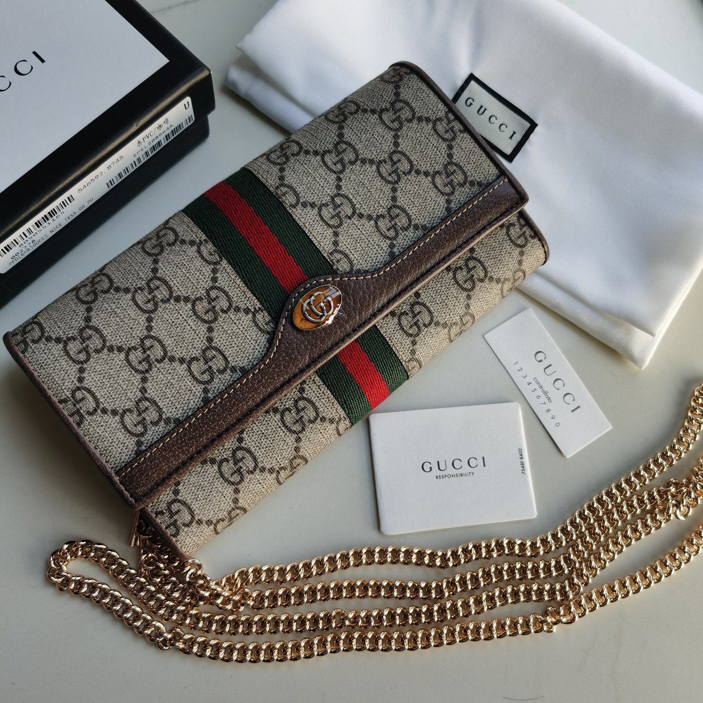 Copy Gucci 546592 Women Ophidia GG Chain Wallet Brown Textured Leather Trim - image 1