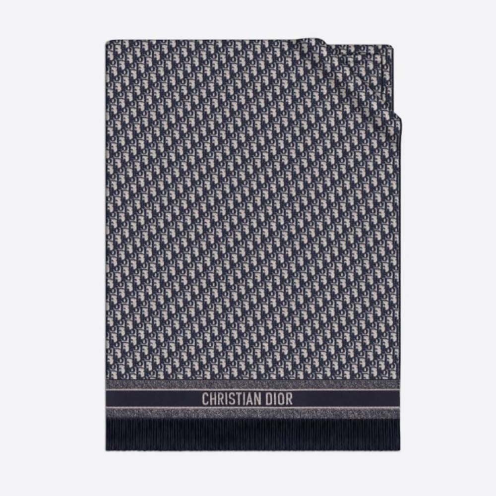 Dior Women Reversible Dior Oblique Blanket Navy Blue Cashmere, Virgin Wool and Silk