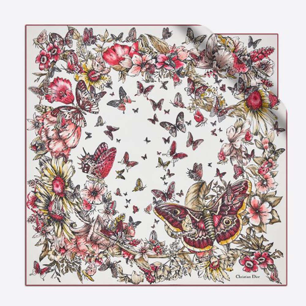 Dior Women Square Scarf Lvory Silk Twill with Multicolor Butterfly Motif - image 1