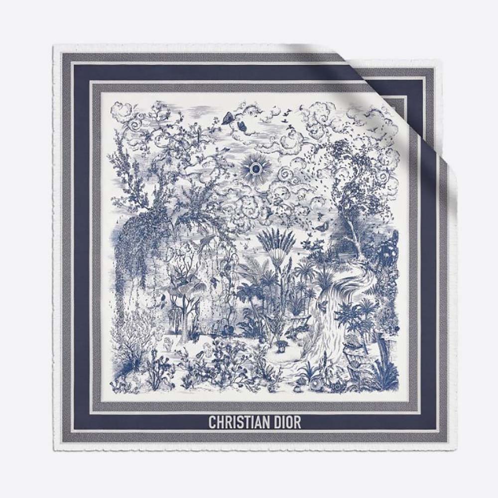Dior Women Toile De Jouy Quatre Saisons Square Scarf Blue Silk Twill