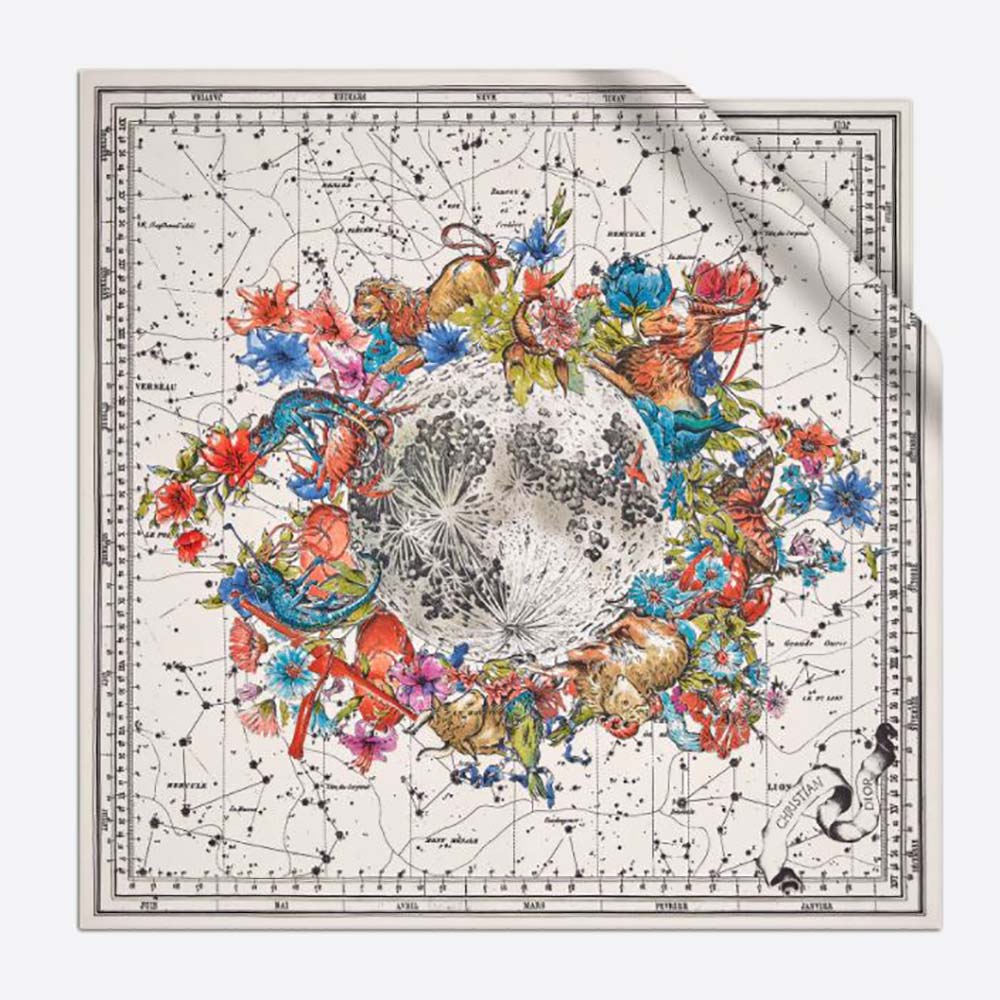 Dior Women Zodiac Square Scarf Navy White Silk Twill