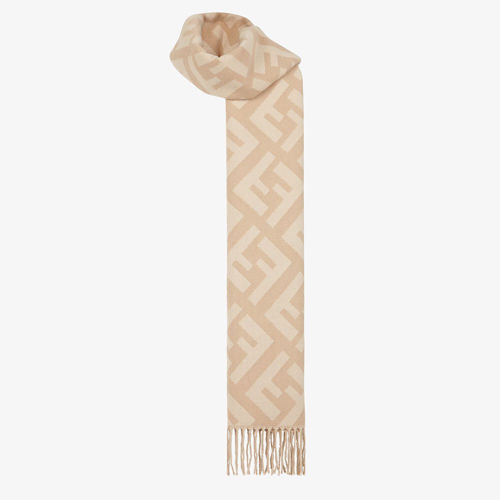 Fendi Women Long Scarf with Fringed Edges-Beige