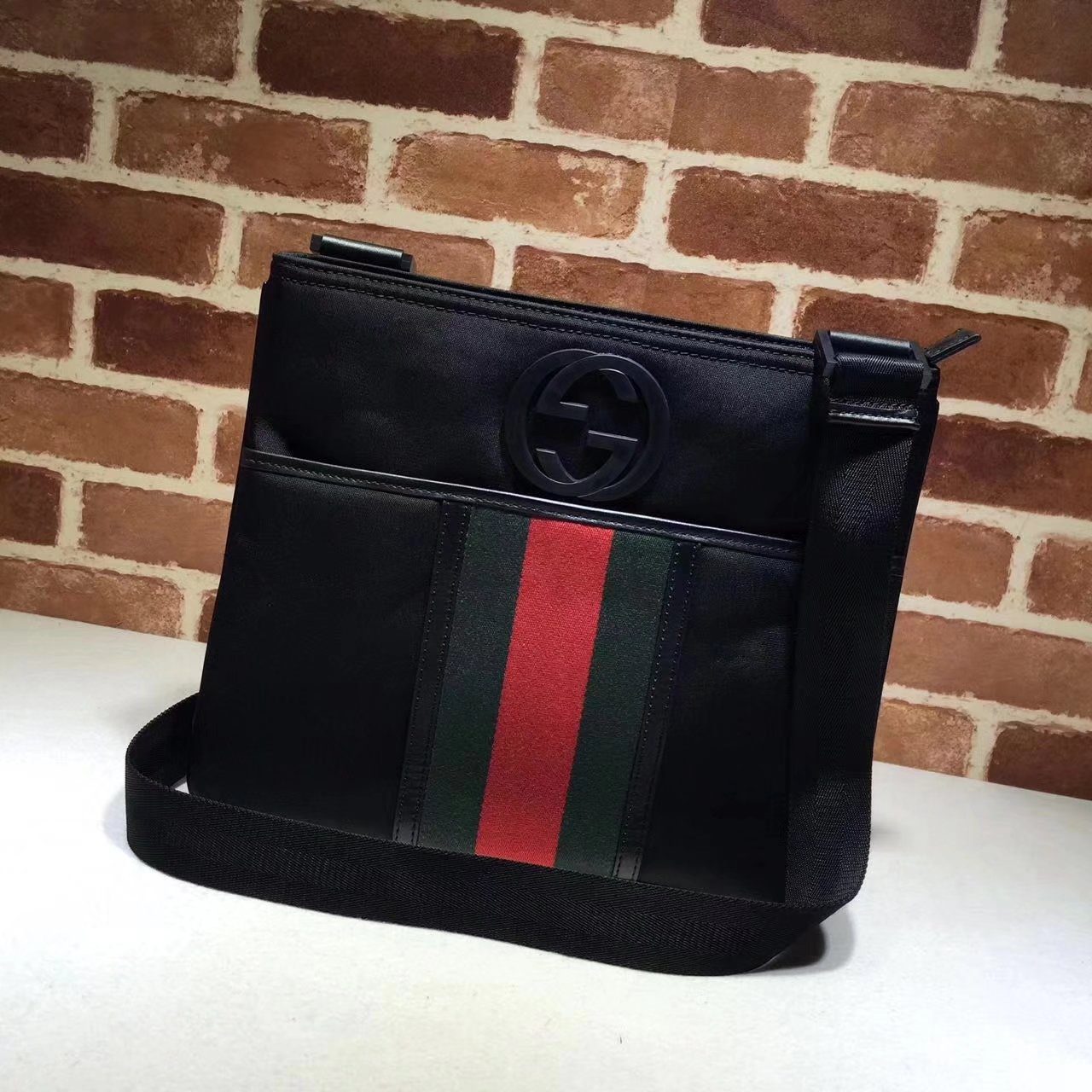 Gucci 181067 Web Nylon Men Messenger Bag Black