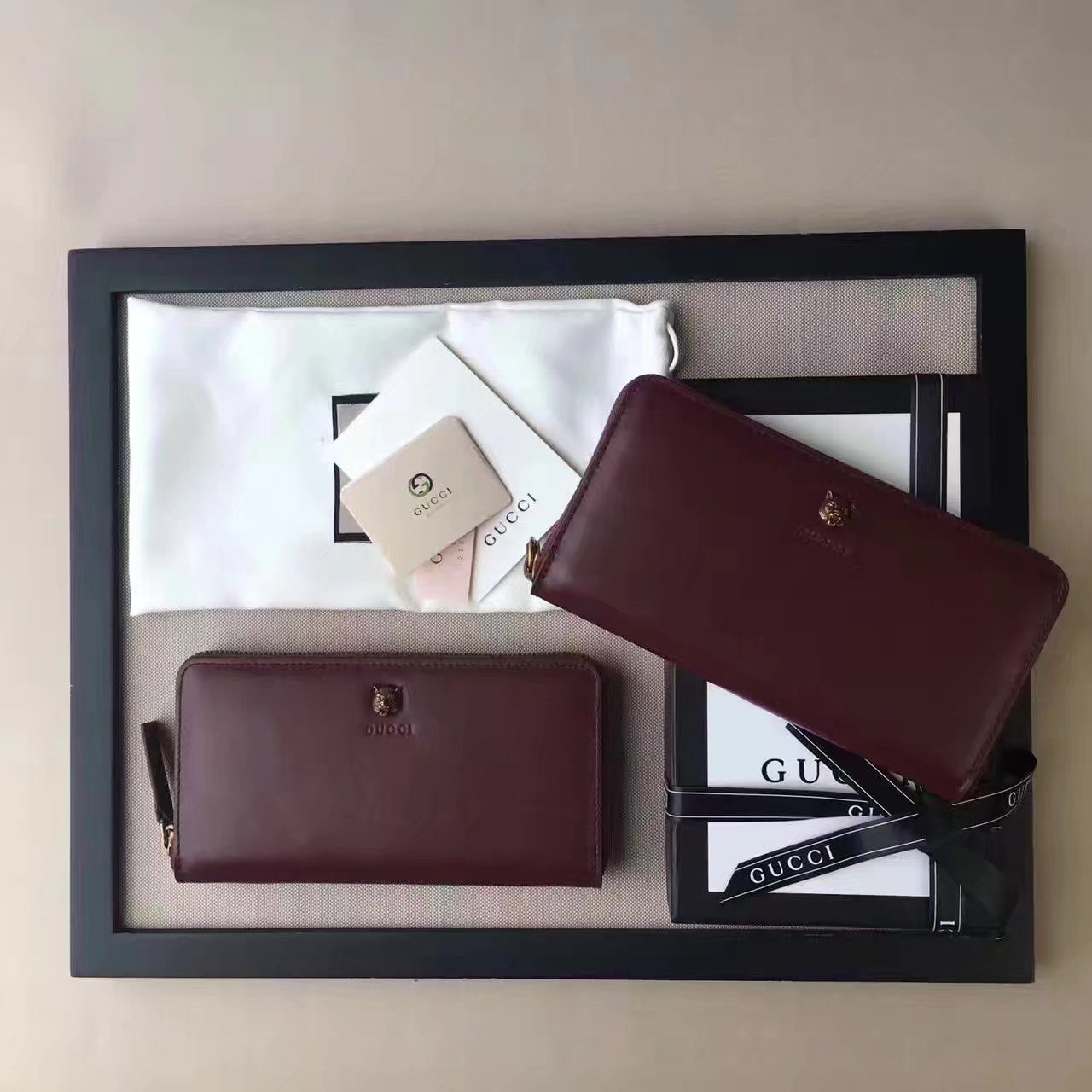 Gucci 428721 Women Animalier Leather Wallet Dark Red