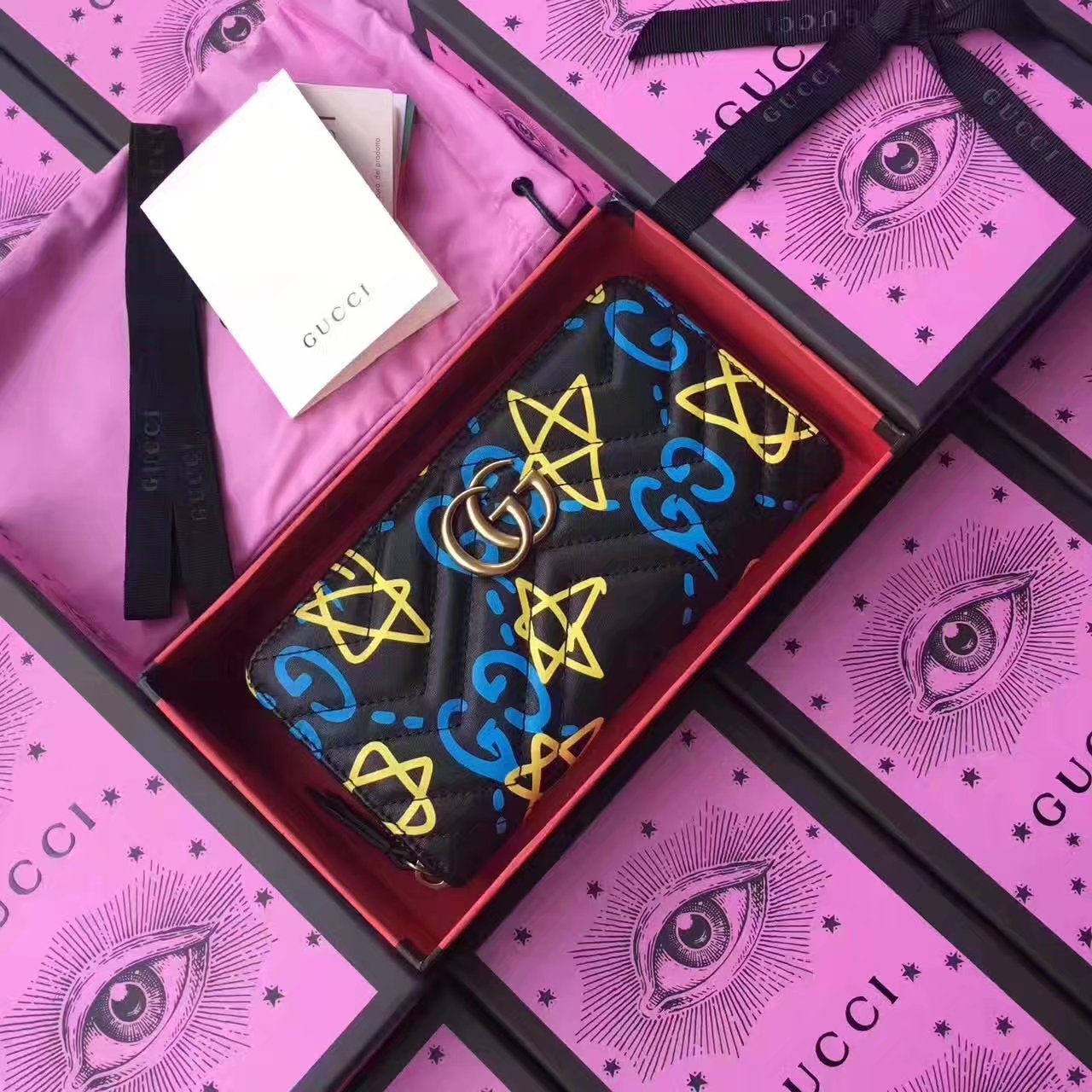 Gucci 443123 GG Marmont Zip Around Prints Wallet Blue