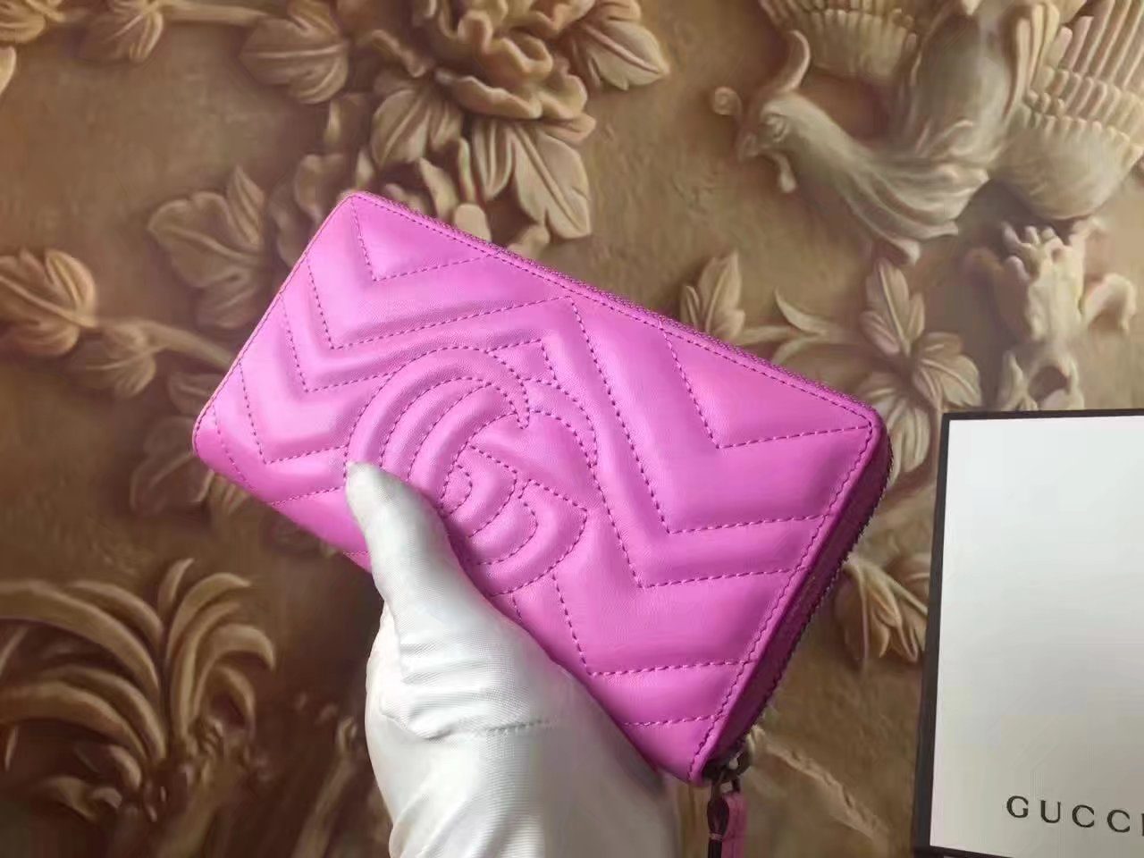 Gucci 443123 GG Marmont Zip Around Prints Wallet Pink
