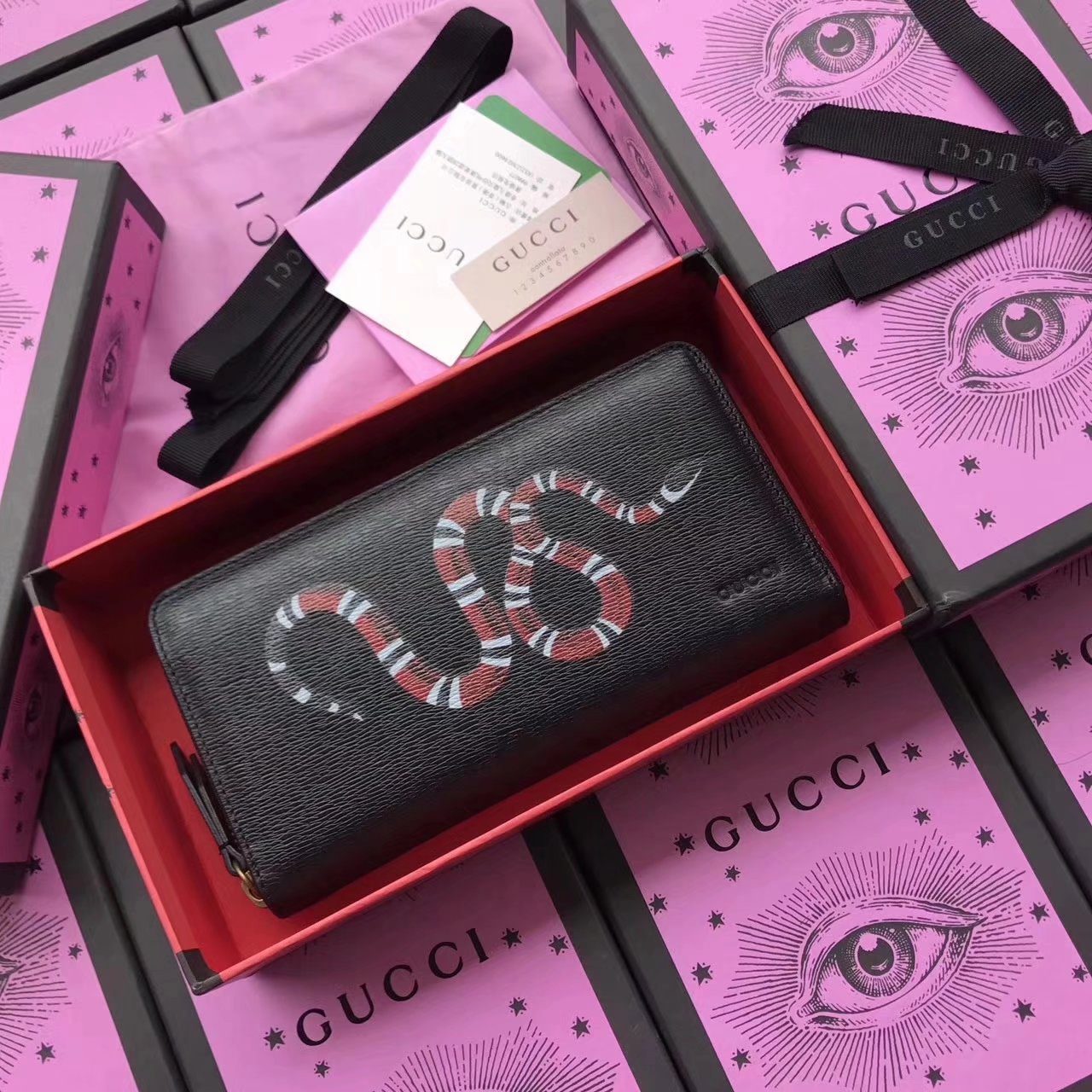 Gucci 451273 Kingsnake Print Leather Zip Around Wallet