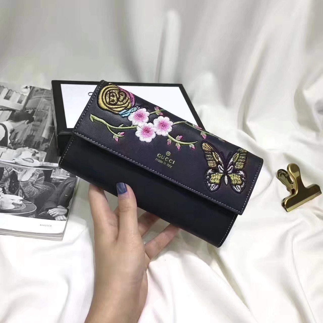 Gucci 476068 Embroidery Women Wallet Black