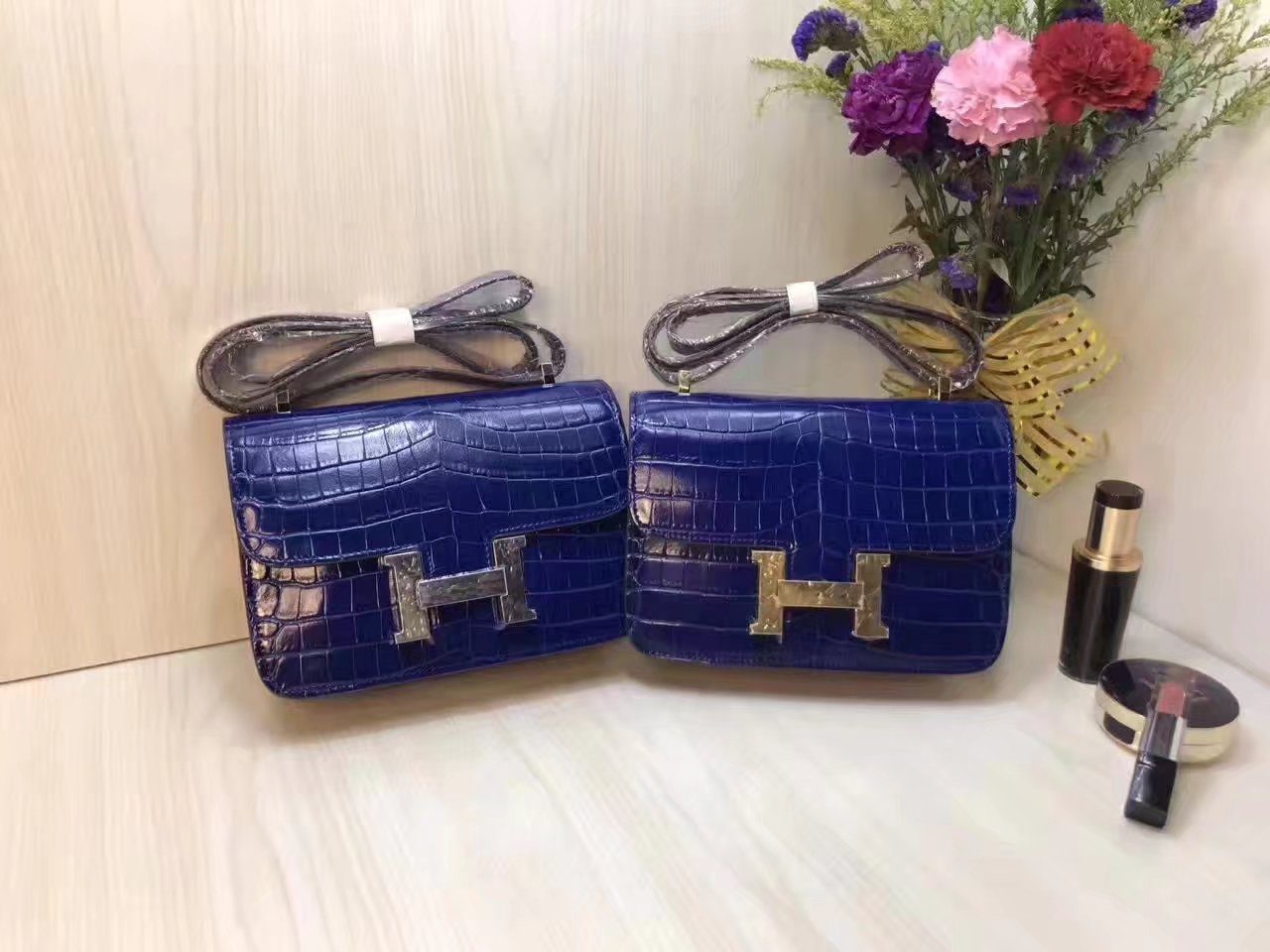 Hermes 23cm Constance Shoulder Bag Crocodile Stripe Blue With Gold And Silver - image 1