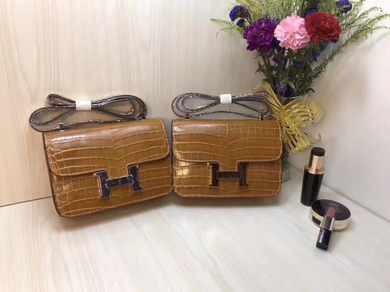 Hermes 23cm Constance Shoulder Bag Crocodile Stripe Chocolate With Gold And Silver - image 1