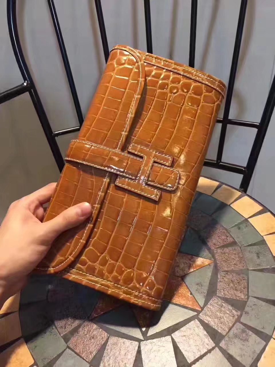 Hermes Jige Elan 29 Clutch With H Wallet Yellow Crocodile Stripe - image 1