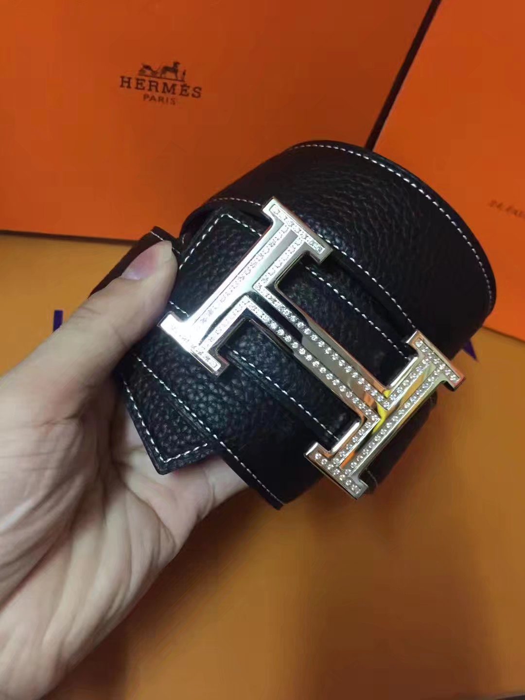 Hermes Leather Reversible Black Belt With Silver H Buckle Diamonds 007 - image 1