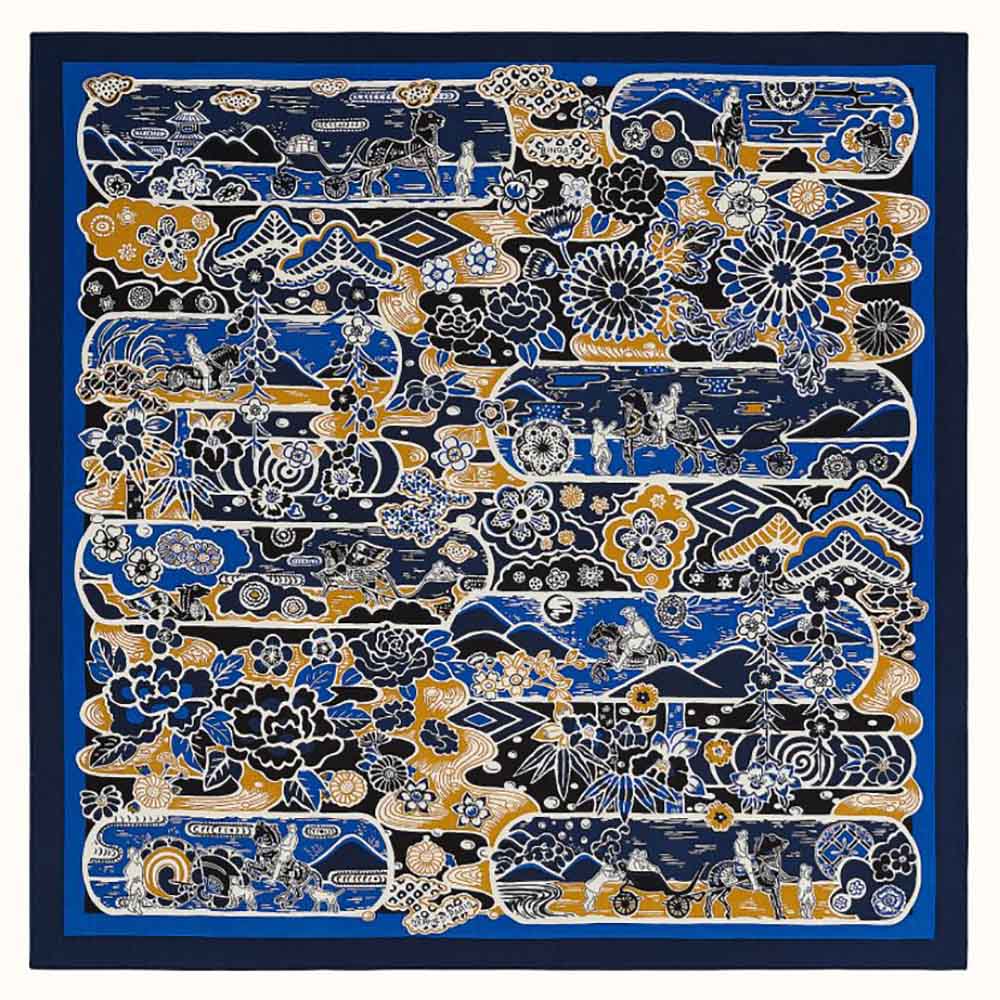 Hermes Women Bingata Shawl 140 in Cashmere and Silk with Hand-Rolled Edges-Navy