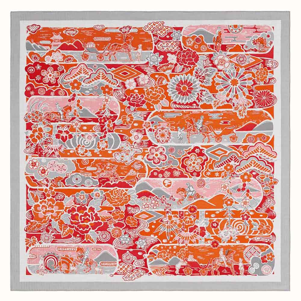 Hermes Women Bingata Shawl 140 in Cashmere and Silk with Hand-Rolled Edges-Pink