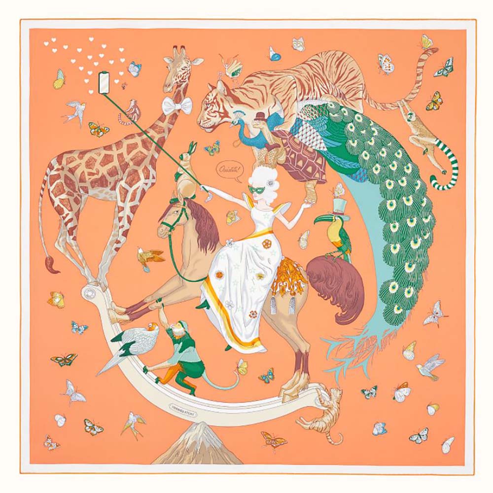 Hermes Women Hermes Story Scarf 90 in Silk Twill with Hand-Rolled Edges-Orange - image 1