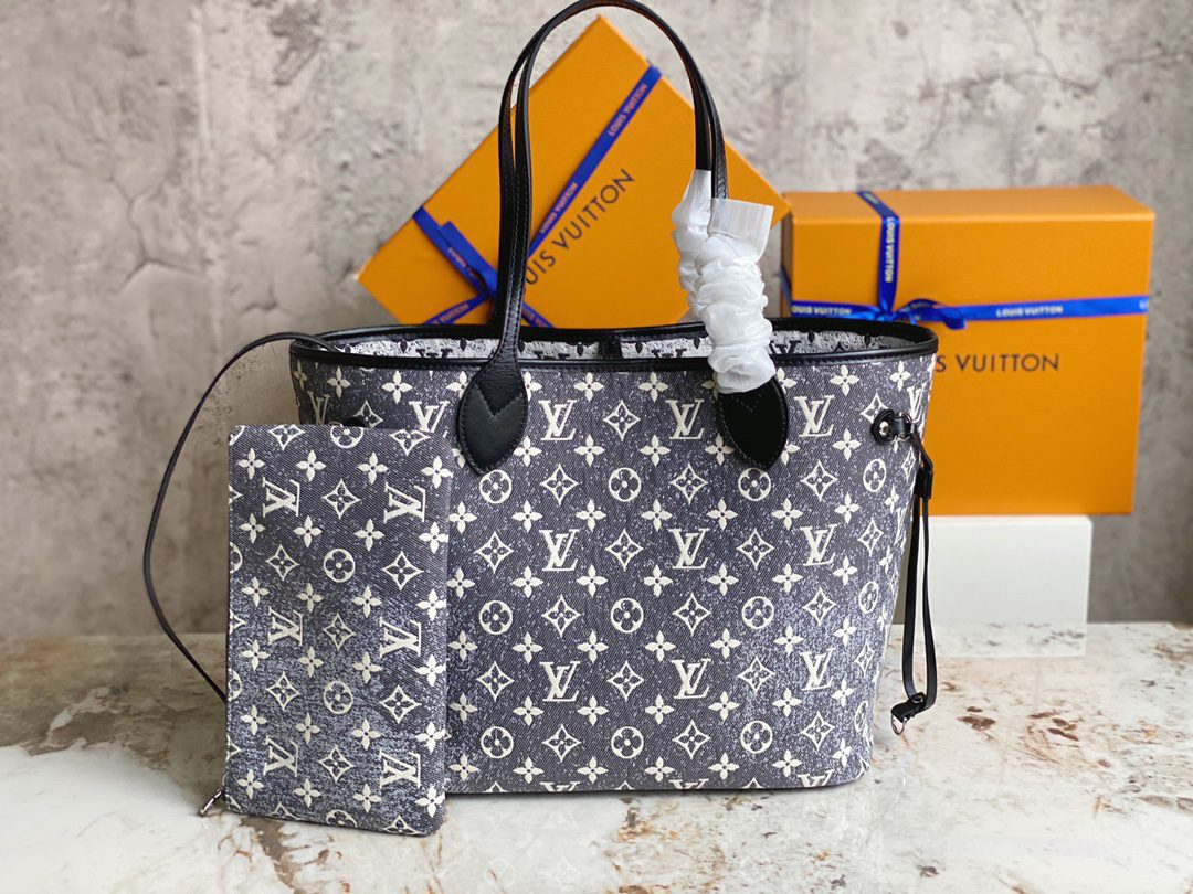 Louis Vuitton M21465 Neverfull MM Bags Denim Textile Jacquard Gray - image 1