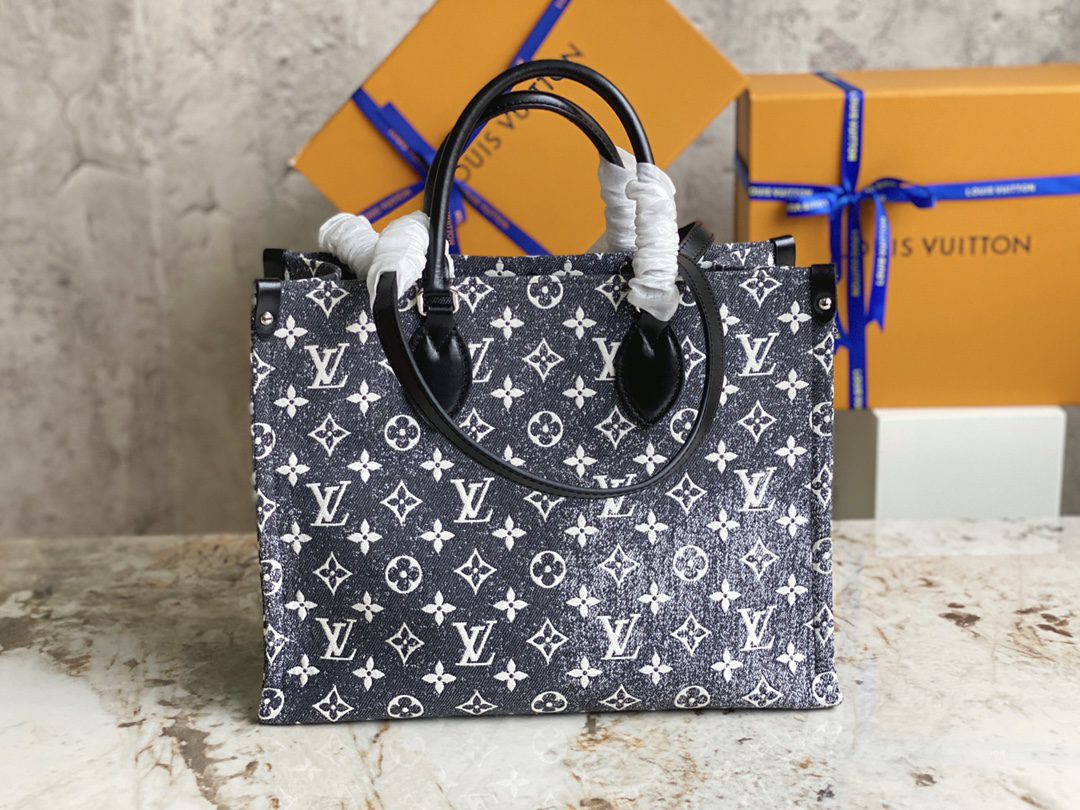 Louis Vuitton M46448 OnTheGo MM Tote Denim Textile Jacquard Gray