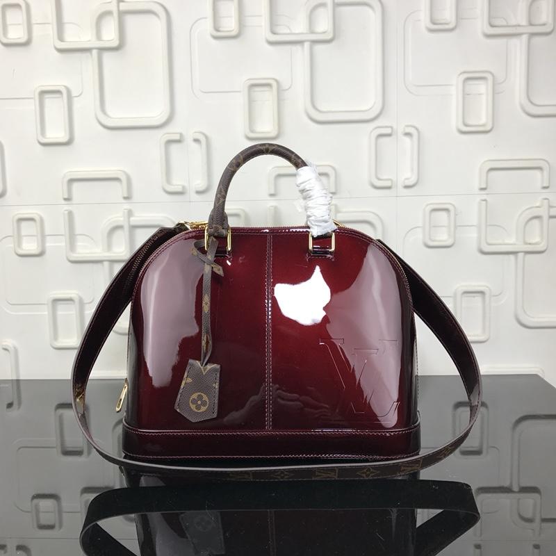 Louis Vuitton M54395 Alma PM Patent Cowhide Leather with Oversized LV Embossed Signature Red