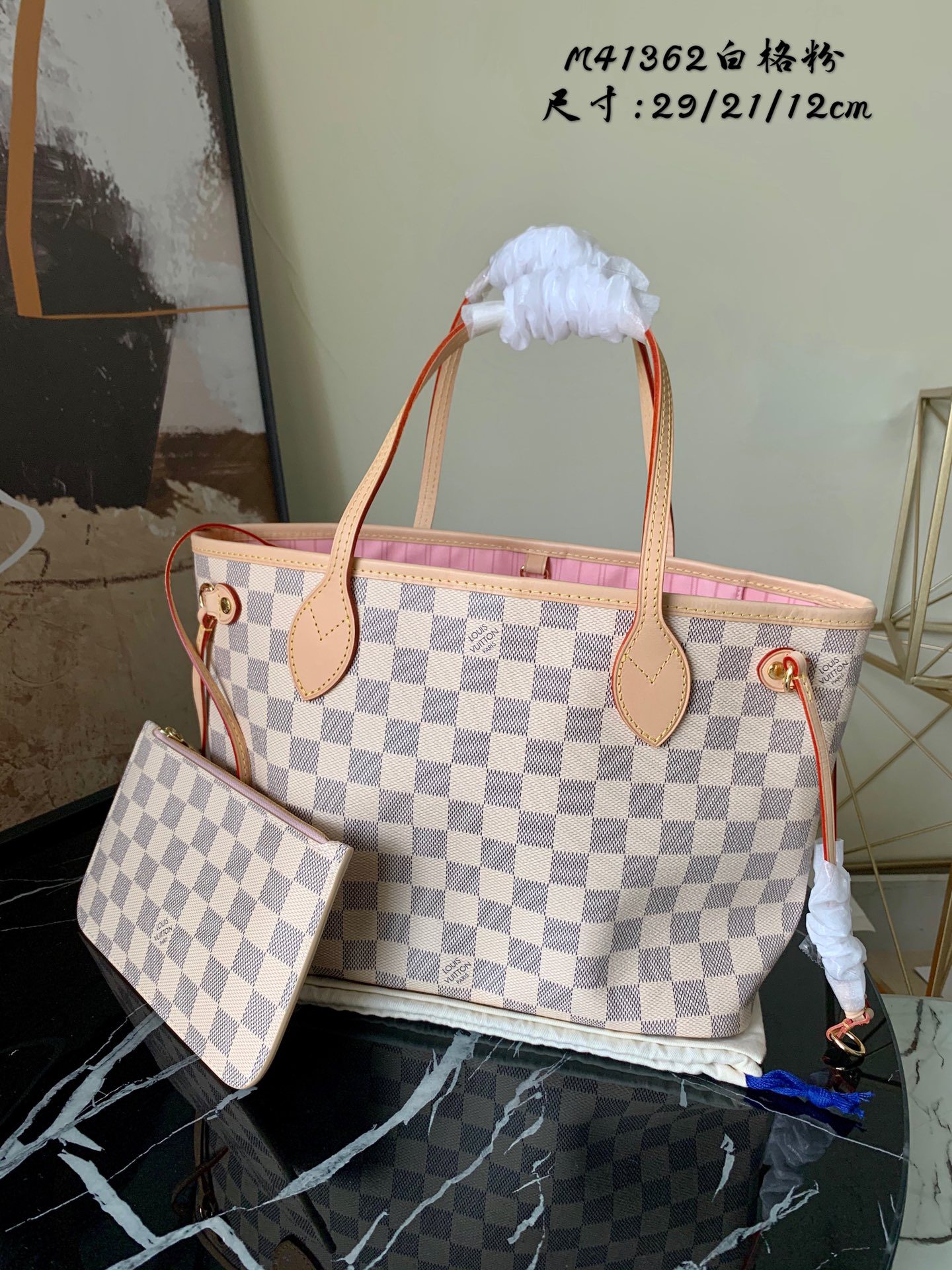 Louis Vuitton N41362 Neverfull PM Damier Azur Coated Canvas With Pink