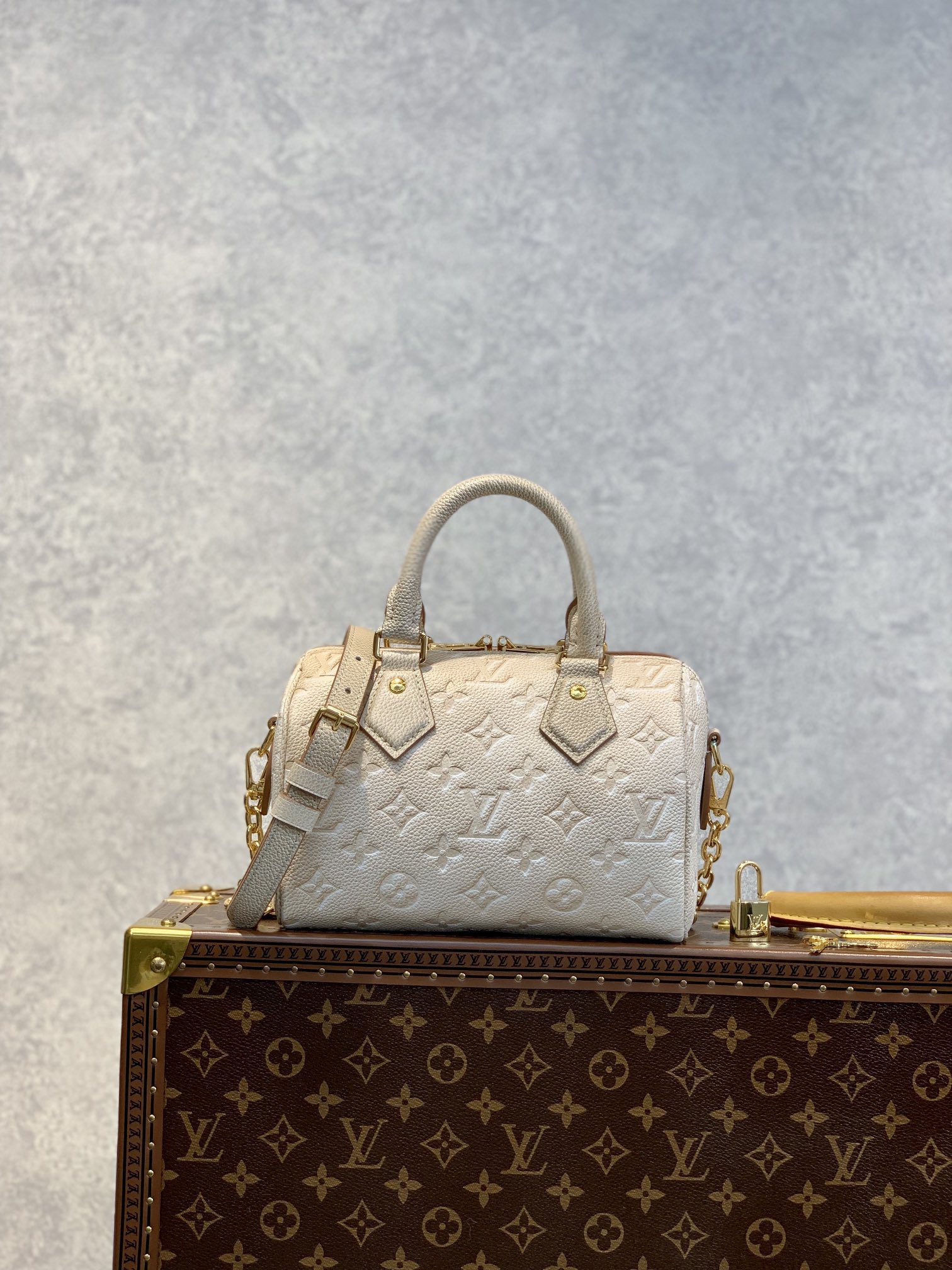 Louis Vuitton Speedy Bandouliere 20 Handbag Sprayed and Embossed Grained Cowhide Leather Pale Beige - image 1