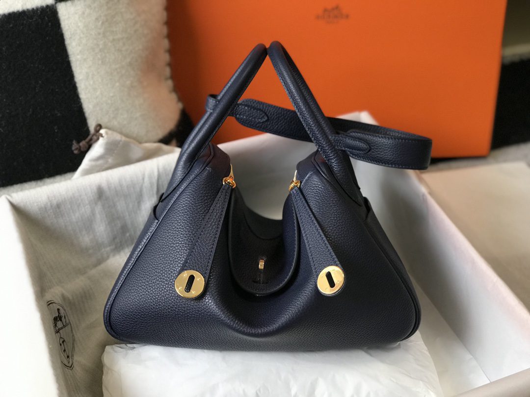 Original Copy Hermes Lindy Handbag Calfskin Dark Blue with Gold and Sliver Hardware - image 1