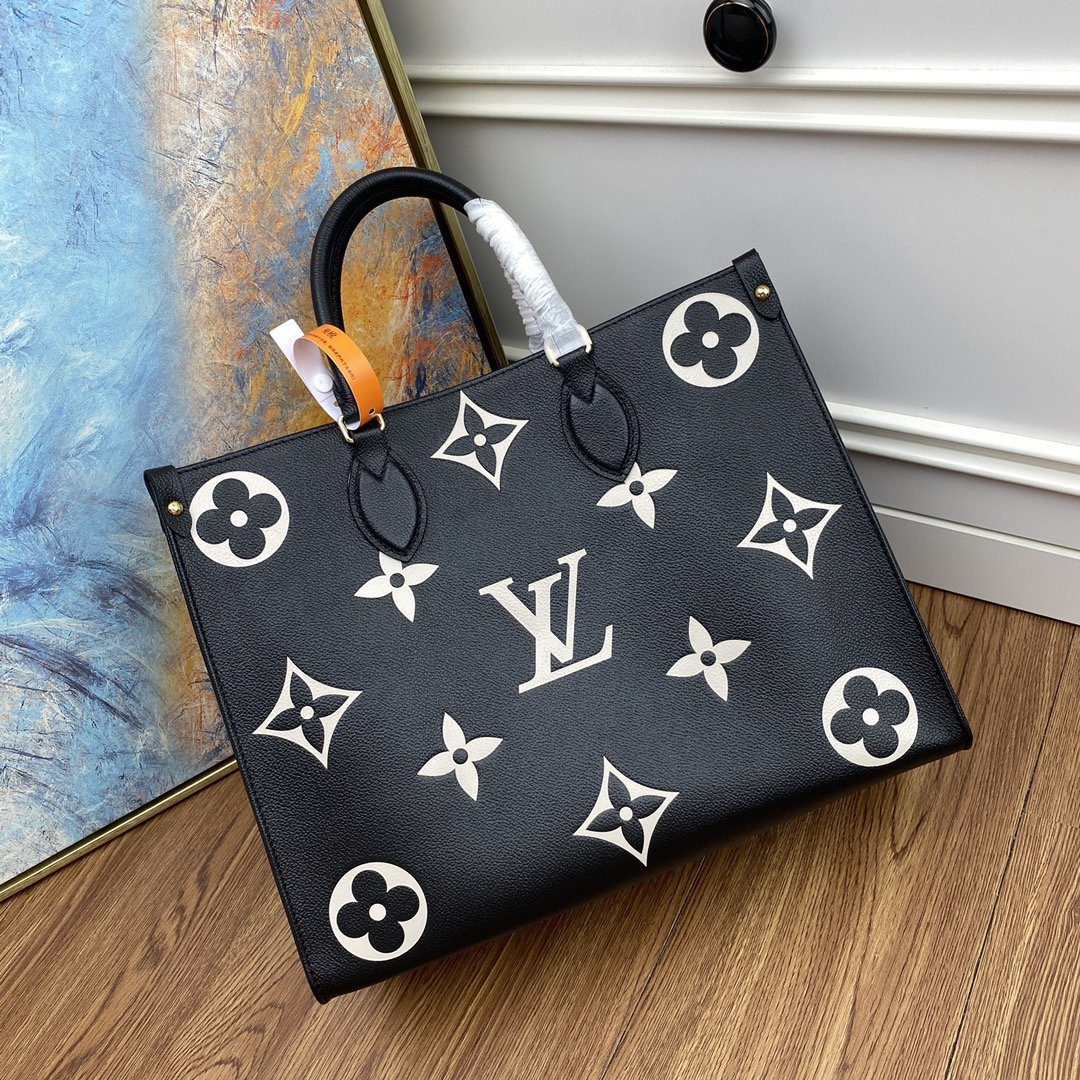 Original Copy Louis Vuitton M45495 OnTheGo MM Tote Bag Black Embossed Grained Cowhide Leather