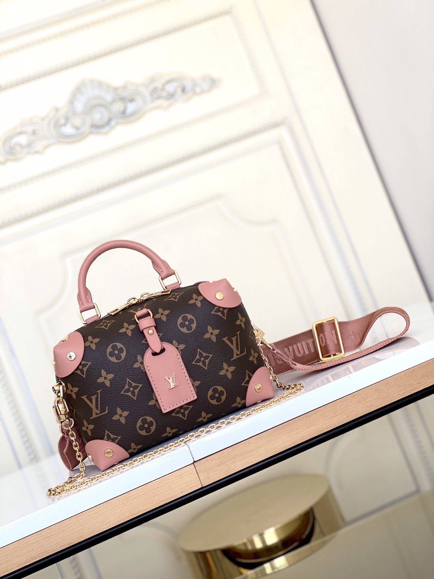 Original Copy Louis Vuitton M45531 Petite Malle Souple Soft Handbag Steeped in the HouseHistory Peach Monogram Coated Canvas