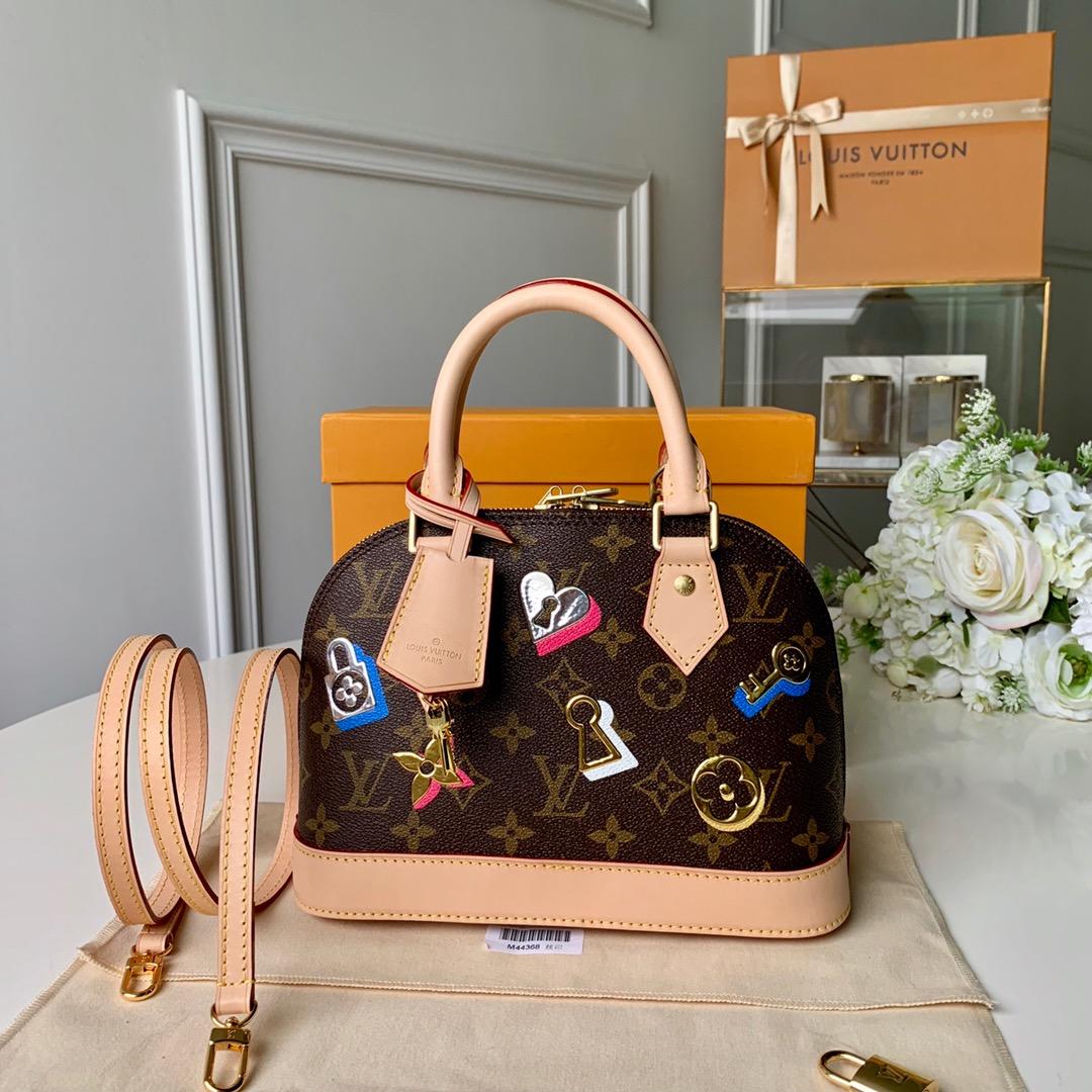 Replica Louis Vuitton M44368 ALMA BB Monogram Coated Canvas with Gold- or Silver-Tone Fused Metallic-Foil Motifs
