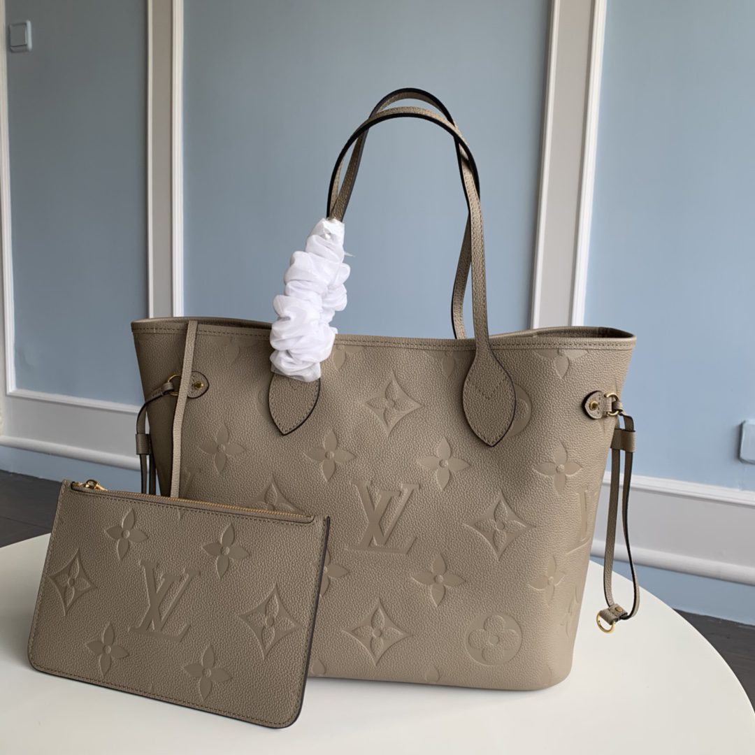 Replica Louis Vuitton M45686 Neverfull MM Tote Embossed Cowhide Leather Tourterelle Gray