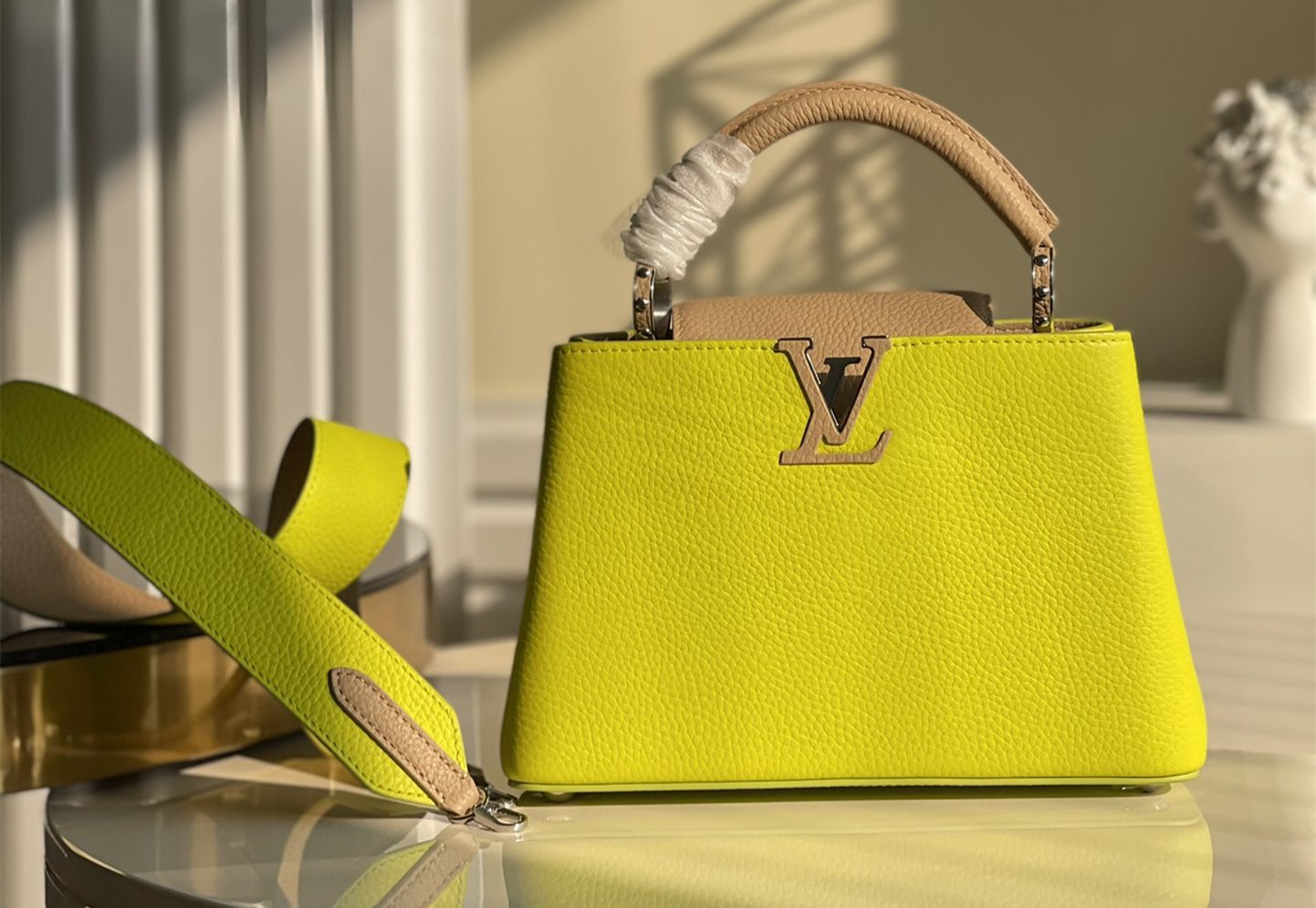 Replica Louis Vuitton M548865 Capucines BB Handbag Fluorescent Yellow Coquille Beige Taurillon Leather