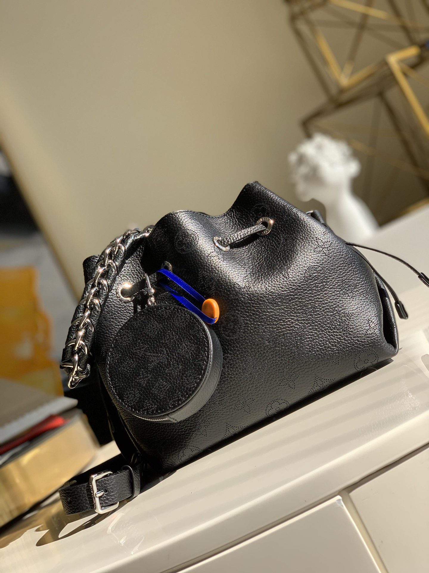 Replica Louis Vuitton M57070 Bella Bucket Bag in Mahina Calf Leather wite Perforated Monogram Pattern Black