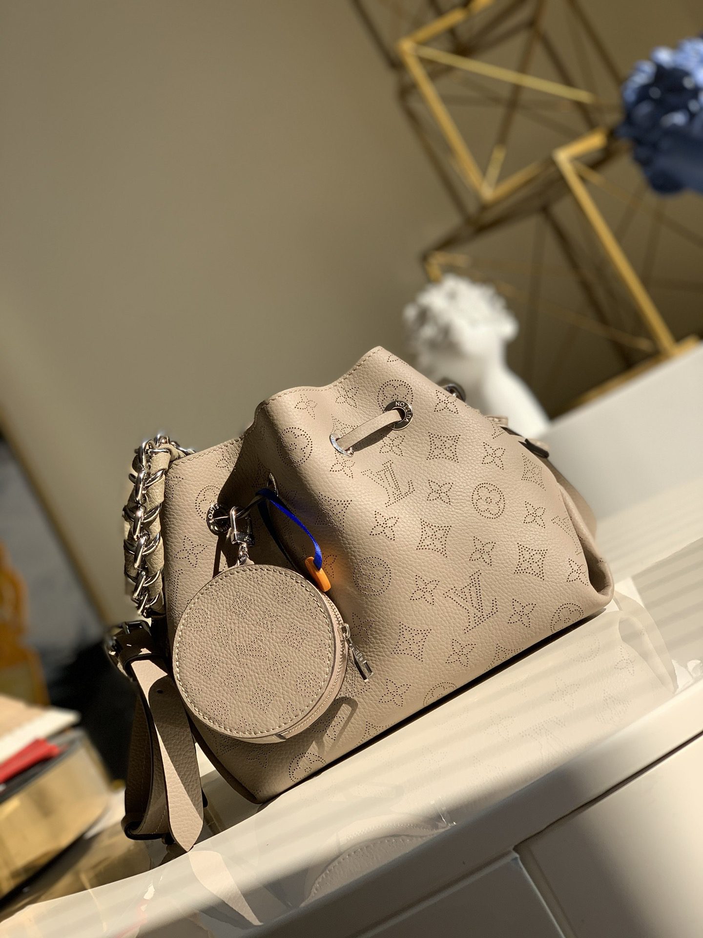Replica Louis Vuitton M57201 Bella Bucket Bag in Mahina Calf Leather wite Perforated Monogram Pattern Galet - image 1