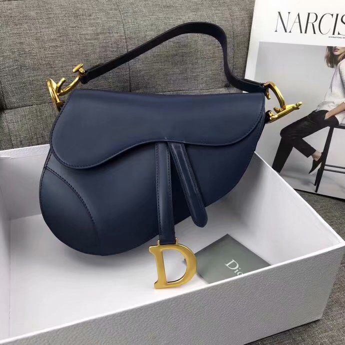 Dior Saddle Bag With Strap Indigo Blue Grained Calfskin